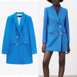 Zara double breasted long blazer, blue